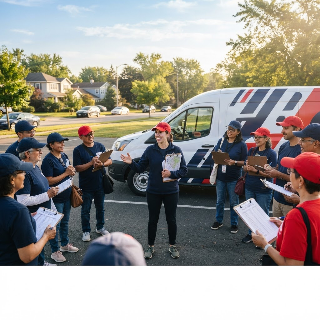 Field director briefing a team of canvassers outdoors before a shift