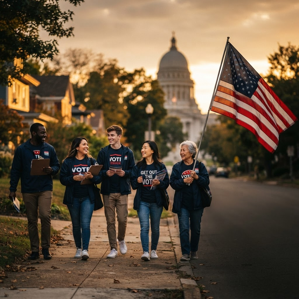Canvassing team walking a neighborhood street with an American flag waving in the foreground